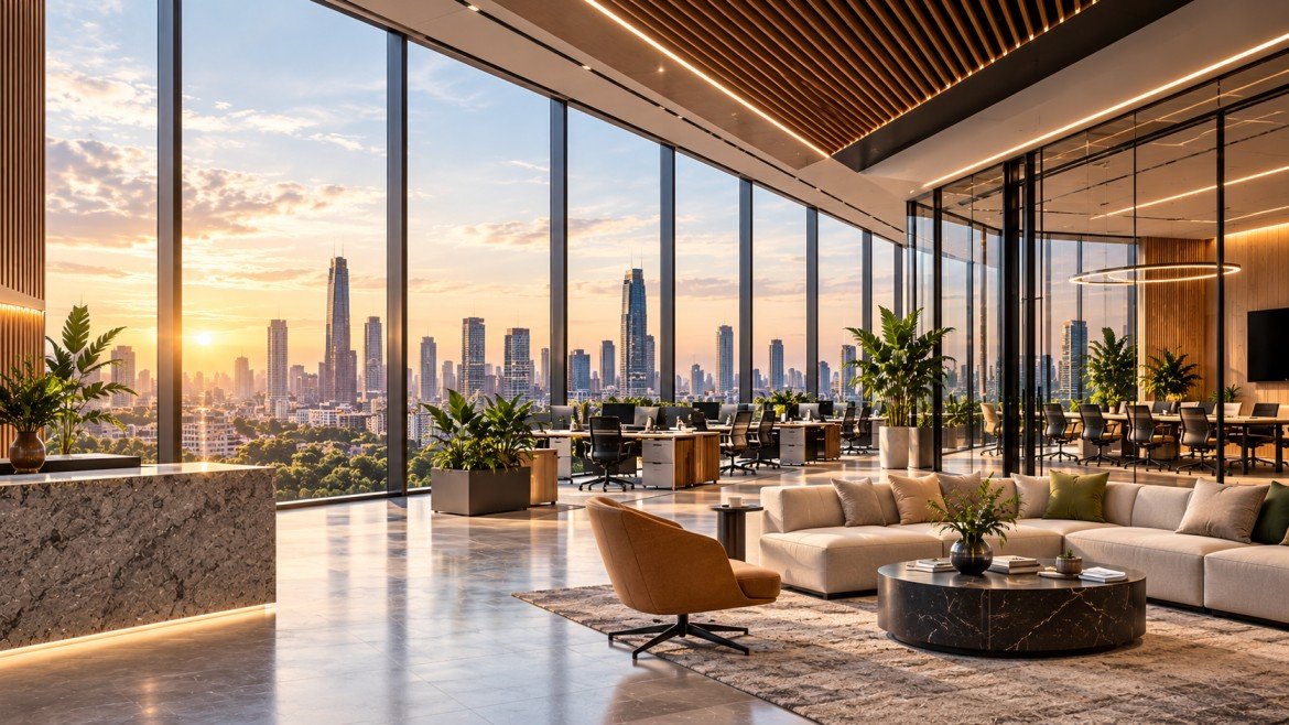 Sunlit contemporary workspace with glass partitions, collaborative work areas and city views
